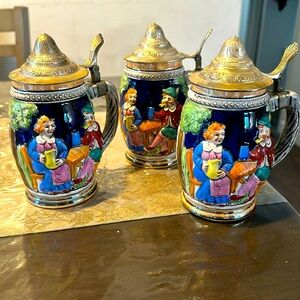 Beer steins set of 3 with lids hand painted